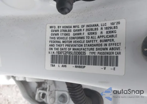 2020 Honda Civic Sport z USA, uszkodzony, nr VIN 19XFC2F85LE030035